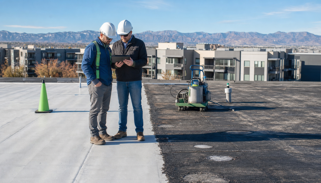 Crew on an occupied multifamily roof with a partly replaced section, showing capital improvement vs repair work.