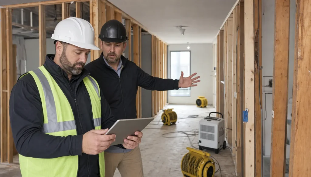 Same contractor for mitigation and rebuild: PM reviews a rebuild estimate in a gutted, drying multifamily corridor