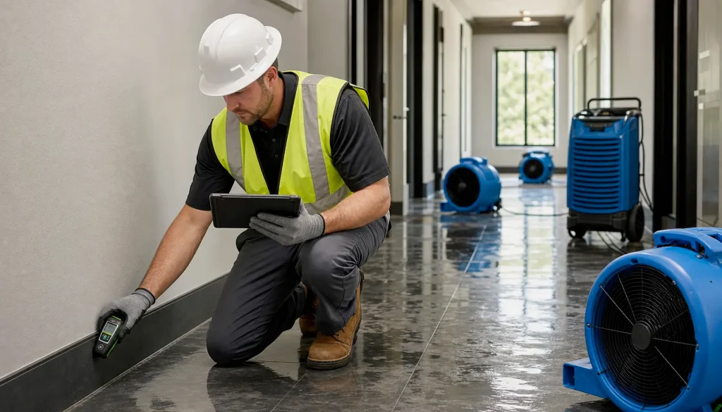 Restoration pro logging moisture in a wet commercial corridor to document a commercial water damage insurance payout