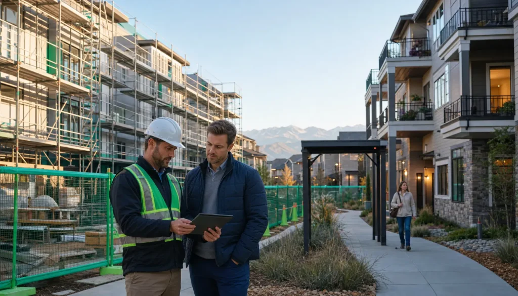Commercial remodeling services on a Denver apartment wing as crews review a phasing plan and residents use a protected entry